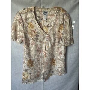 R&M Richards Petite Women 8P Floral Burnout Sheer Button Front Jacket Top Gold